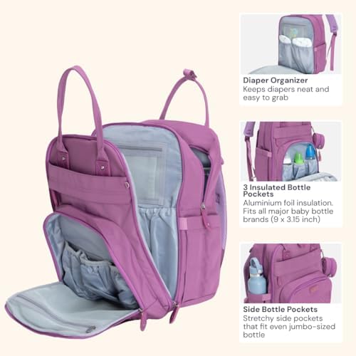 BabbleRoo Diaper Bag Backpack - Baby Essentials Travel Tote - Multi Function Water Resistant Diaper Bag, Travel Essentials Baby Bag with Changing Pad, Stroller Straps & Pacifier Case - Unisex, Purple - Image 6