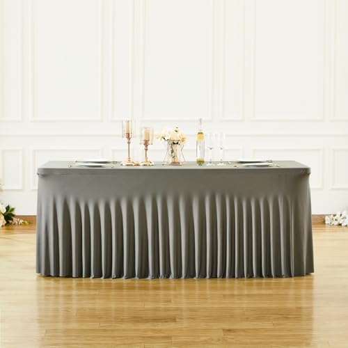 Besutolife Rectangle Table Skirt Black Stretch Tablecloth One-Piece Wrinkle-Resistant Ruffles Design Perfect for Banquets Parties Wedding Dining Table (Grey, 6ft) - Image 6