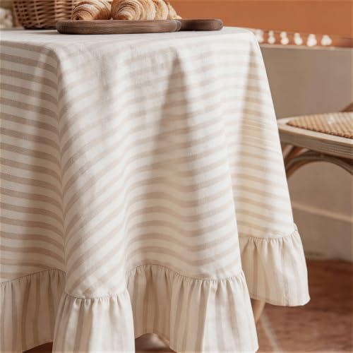 Beige White Striped Ruffle Tablecloth 70" Round Farmhouse Flounces Trim Table Cover for Seat 4-6 for Picnic Dining Kitchen Party Wedding Decor - Image 2