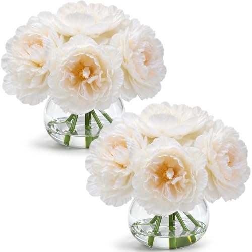 Zeyune 2 Pack White Peonies Faux Flowers in Vase with Faux Water Silk by Zeyune