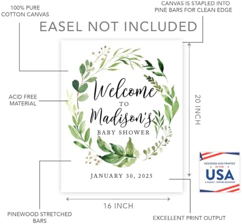 Andaz Press Personalized Large Canvas Guestbook Alternative, 16 x 20 Inches, Watercolor Leaf Foliage Wreath, Custom Baby Shower Welcome Sign for Greenery Baby Sprinkle - Image 2