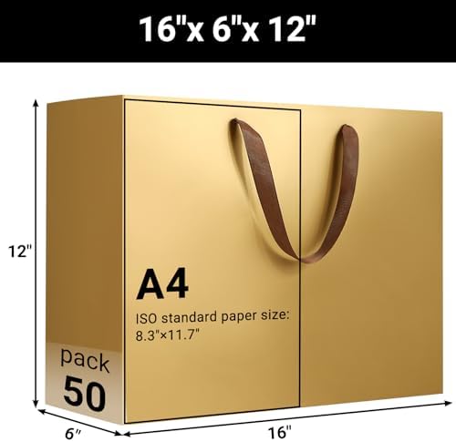 EUSOAR Gold Large Paper Wrap Bags - 50pcs, 16"x6"x12", Handles, Bulk Merchandise Retail Shopping Wrapping Bags for Business, Craft, Grocery, Boutique, Party Favor, Wedding - Image 2