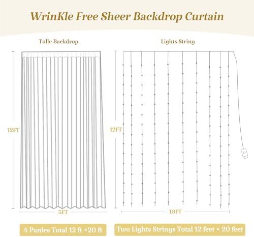 20×12ft Champagne Tulle Backdrop Curtain with Lights String for Parites Sheer Fabric Backdrop Curtains for Wedding Baby Shower Birthday Party Backdrop Drapes Photo Shoot Background 4 Panels 5ft×12ft - Image 4