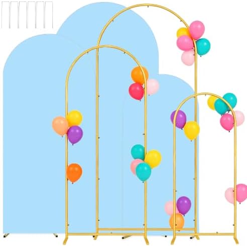 3 Metal Arch Backdrop Stands with Baby Blue Covers, 4/5/6FT by Laxwuqu
