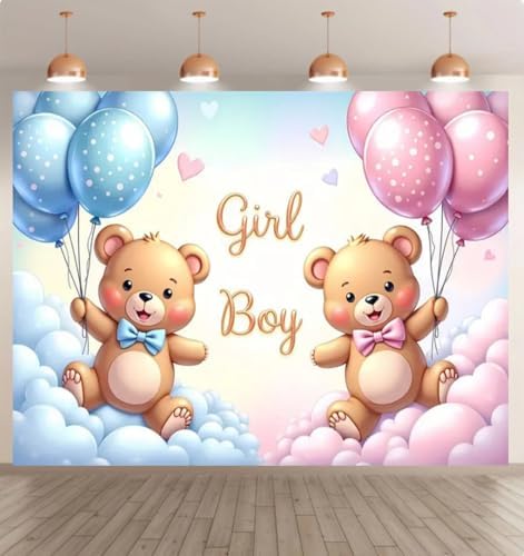 8x6 feet Gender Reveal Background Photo Bears, Pink and Blue Balloons, Clouds for Gender Reveal Party Banner Baby Shower Photo Background Banner Decorative Photo Studio by Unknown
