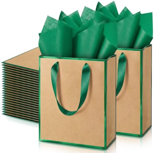 Yeaqee 50 Pack Metallic Paper Gift Bag Bulk with Handle, Kraft, Green by Yeaqee