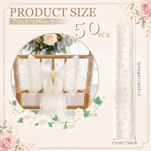 VitalCozy 50 Pack Ivory White Pearls Chair Sashes with Bows Wedding Decor - Image 2
