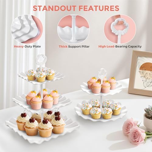 12Pcs Dessert Table Display Set, Cupcake Stand, 3-Tier Cup Cake Tower Stands & 2-Tiered Cake Holder, Treat Food Platters Serving Trays for Tea Party, Baby Shower, Bridal, Wedding, Birthday, Plastic - Image 2