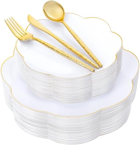LIYH White Gold Rim 150 Pcs Heavy Duty Plastic Plates Silverware Wedding by LIYHLoveinyourheart