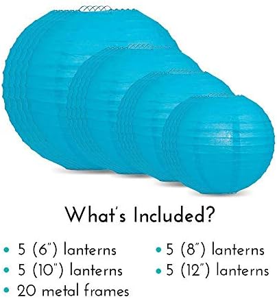 Quasimoon PaperLanternStore.com Ultimate 20-Piece Turquoise Paper Lantern Party Pack - Assorted Sizes of 6, 8, 10, 12 Inch (5 Round Lanterns Each) for Weddings, Birthday, Events and Decor - Image 3