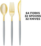 Luxe Party 128 Pieces Two Tone Plastic Disposable Cutlery | Forks-Spoons-Knives | Full Size | Chic Round | Grey and Gold - Image 3