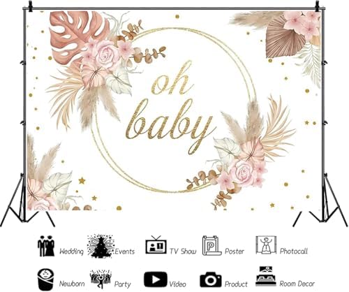 9x6ft Baby Shower Backdrop Boho Bohemian Floral Oh Baby Gold Dots Pampas Grass Photography Background Girls Baby Shower Party Decorations Banner Supplies Photo Studio Props - Image 2