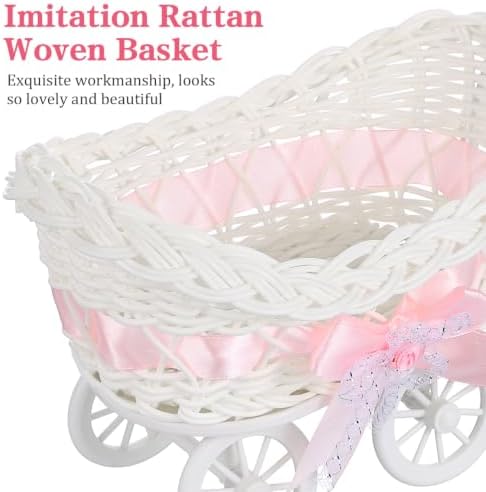 Wicker Baby Carriage: Pink Stroller Basket Baby Shower Centerpiece Decor - Image 5
