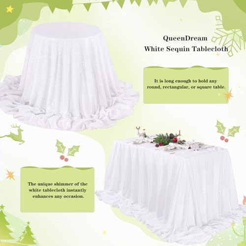 QueenDream White Wedding Tablecloth 90x90 Inch Sequin Fabric Table Cloths Rectangle Sparkle Anniversary Banquet Halls Christmas Decorations - Image 4
