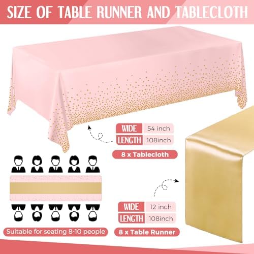 Tudomro 16 Pack Pink and Gold Plastic Tablecloths Satin Runner Set - Image 2