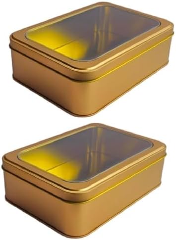 Pack of 2 Gold Rectangular Cookie Tins Container With Clear Lid, Multipurpose Tin Box, Festive Tin Box for Gift Giving, Cookies, Stationery & More - 7.25 x 5.25 x 2.25 Inches by HADAAYA