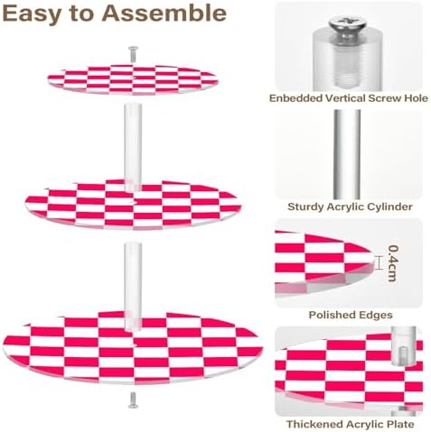 J JOYSAY Checkerboard Pink Red Pattern Acrylic Cupcake Stand 3 Tier Dessert Table Display Set Clear Cake Stands for Wedding Baby Shower Party Decorations Easy Assembly Macaron Tower - Image 2