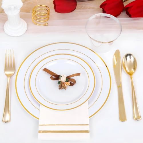 GATHER 700PCS White and Gold Plastic Plates Dinnerware Set for 100 Guests - Image 4