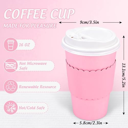 Whaline 100 Pcs Pink Disposable Coffee Cups with Lids and Sleeves 16 Oz Light Pink Insulated To Go Paper Cups for Home Restaurant Travel Wedding Birthday Baby Shower Party Supplies - Image 2