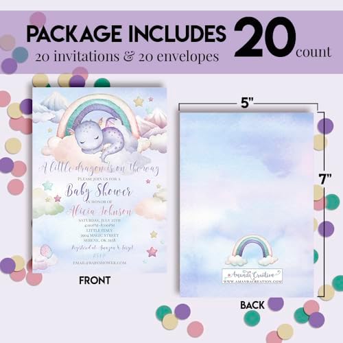 Amanda Creation Dragon Baby Shower Invitations, 20 Personalized 5x7 Girl Cards with Envelopes, Custom Enchanted Little Dragon Hatching Soon Invites - Image 4