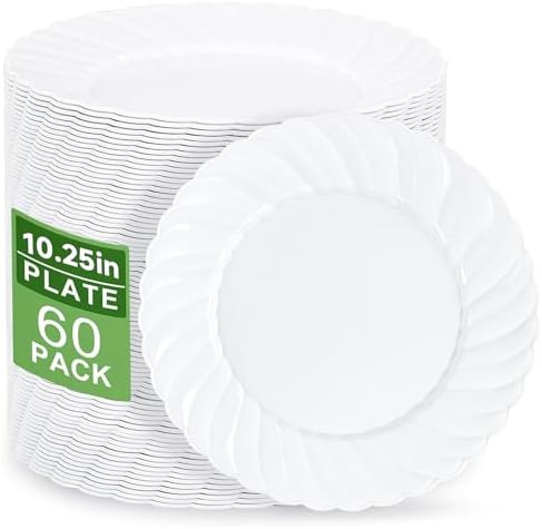 U-QE 60 Count White Plastic Plates - 10.25inch Plastic Disposable Plates by U-QE