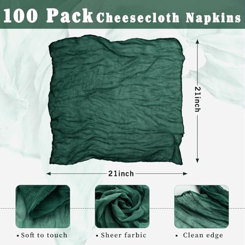 100 Pack Emerald Green Cheesecloth Napkins Washable 21x21 Inches Emerald Green Cloth Napkins for Wedding Set of 100 Dinner Table Napkins Bridal Baby Shower Rustic Boho Cotton Gauze Party Table Decor - Image 3