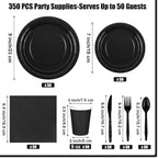 Kochorie 350 Pieces Black Dinnerware Set, 7 & 9 inch Dessert Paper Plates Cups Napkins Plastic Cutlery Disposable Party Supplies for Birthday Baby Shower Wedding, Serve 50 Guests - Image 2
