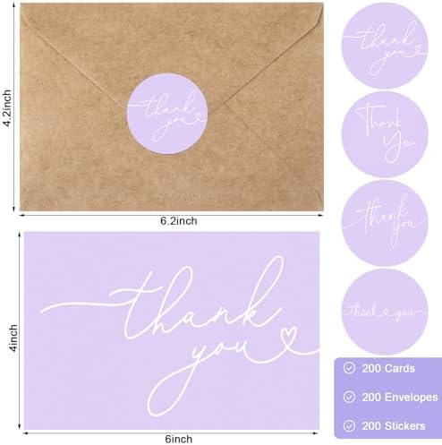 Teling 200 Set Thank You Cards with Envelopes Bulk, 6 x 4 Inch Blank Thank U Greeting Notes with Brown Kraft Envelopes Stickers Thankyou Card Set for Graduation Wedding Birthday Baby Shower(Purple) - Image 2
