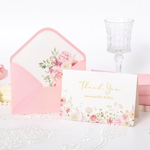 Crisky Pink Floral Wedding Thank You Cards with Envelopes & Stickers From Mr & Mrs, 100 Pack Gold Foil Eucalyptus Leaves Thank You Greeting Note Cards Bulk for Bridal Shower - Image 5