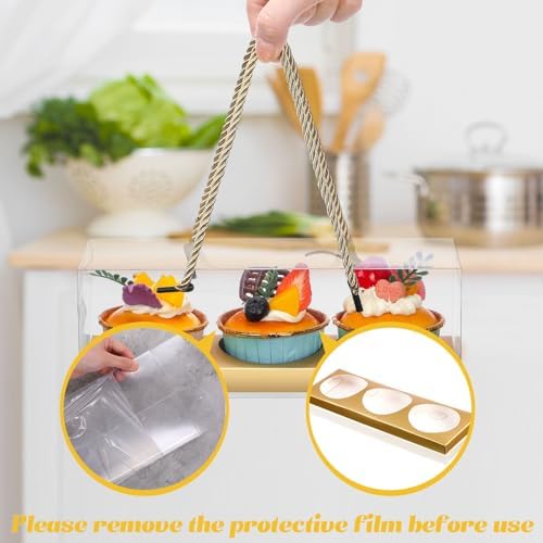 Thenshop 40 Pcs Clear Cupcake Boxes 9x3x3 in 3 Compartment Holder,Gold - Image 4