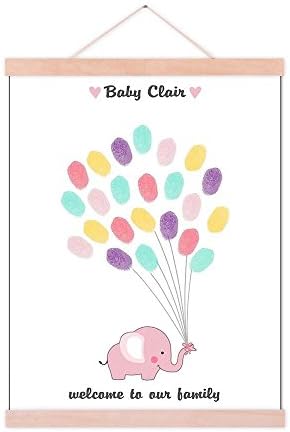 Pink Elephant Baby Shower Guest Book Alternative Customized Party Decorations Fingerprint Signature Sign in Book with Wood Hanger for Girls Communion Birthday Gift -80x120cm by Unknown