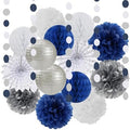 Navy Blue White Silver Paper Garland with Paper Lanterns Fan,Tissue Flower Pom Poms Streamers,Honeycomb Balls,Graduation Men Birthday Wedding Baby Bridal Shower Decor by LastingSurprise