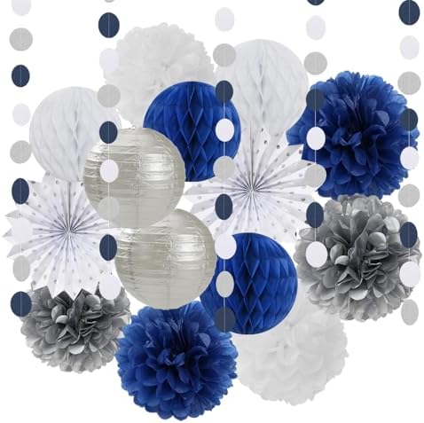 Navy Blue White Silver Paper Garland with Paper Lanterns Fan,Tissue Flower Pom Poms Streamers,Honeycomb Balls,Graduation Men Birthday Wedding Baby Bridal Shower Decor by LastingSurprise