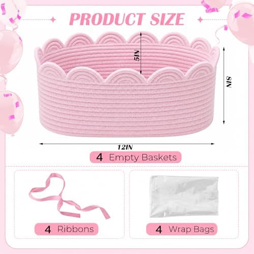 4 Pack Small Woven Baskets with Gift Bags, Ribbons, Wrap Tissue Papers Gift Baskets Empty to Fill for Baby Shower Wedding Christmas Day, Decorative Storage Cubes for Toys(Pink) - Image 2