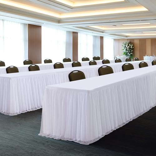 White Tablecloth for 8 Foot Rectangle Tables with Ruffle Tulle Table Skirt - Image 5