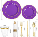 Liacere 350PCS Purple Plastic Plates-Disposable Purple and Gold Plates 50 guest Baroque Plastic Dinnerware include 100Plates,50Pack Pre Rolled Napkins with Silverware 50Cups for Party & Halloween - Image 3