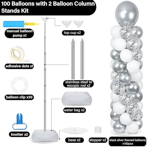 2 Sets Adjustable Balloon Column Stand Kit with Bases（Silver and White） - Image 2