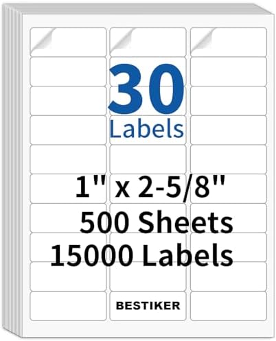 [500 Sheets 15000 Labels] BESTIKER Address Labels 1” x 2-5/8” Shipping Mailing Labels 30 per Page Printable FBA Barcode Label, Laser & Inkjet Printer Labels 30up White by BESTIKER
