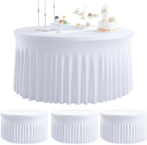 4Pack White Round Spandex Tablecloths for 60 inch Table, Stretchy Wrinkle Free 120inch Fitted 5FT Round Table Cloths Cover with Skirt for Wedding Birthday Party Dining Banquet Events by Htper