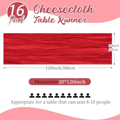 16 Pack Red Cheesecloth Table Runners 20x120 Inch Gauze Table Runner 10FT Easter Cheese Cloth Table Runner Rustic Sheer Runner for Wedding Baby Shower Birthday Party Table Decor - Image 2