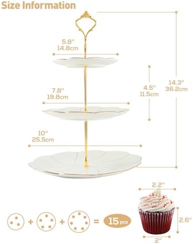 DUJUST Luxury Porcelain 3-Tier Cupcake Stand Tower, British Style Serving Tray with Golden Trim, Food Grade Dessert Display Stand, Beautiful Gift for Tea Party & Home Décor - Image 5