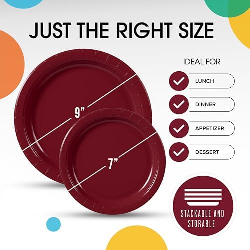 Party Solids Exquisite Burgundy Paper Plates Disposable Heavy Duty 200 Pcs - 100-7 & 100-9 Burgundy Disposable Plates for Party Heavy Duty 350 GSM for Birthday Supplies - Image 3