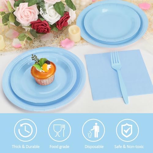 250Pcs Light Blue Paper Plates and Napkins Supplies Include 9’’Paper Party Plates, 7’’Dessert Plate Cups Napkins Forks for Baby Shower, Wedding, Birthday, Serves 50 - Image 3