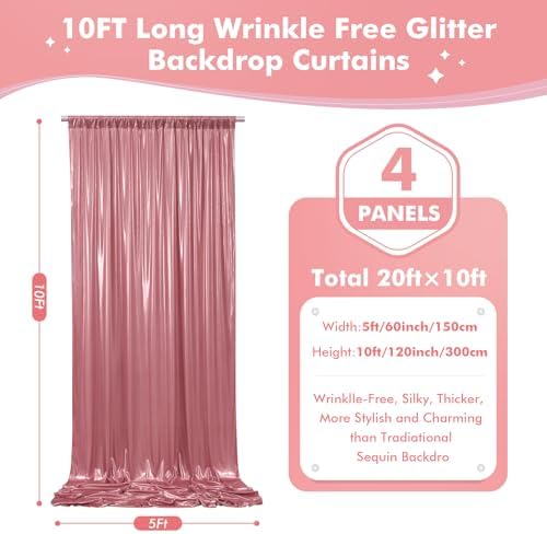 20x10ft Shimmer Rose Gold Sequin Backdrop Curtain for Parties,Thick Wrinkle Free Glitter Backdrop Drapes Rose Photo Back Drop Curtains for Birthday Wedding Party Photography Background-4 Panels 5x10ft - Image 5