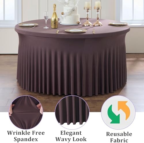 6 Pack Brown Spandex Round Tablecloths for 60 inch Table, Wrinkle Free Stretchy 120inch Fitted 5FT Round Table Cover Cloths with Skirt for Wedding Party Dining Banquet - Image 4