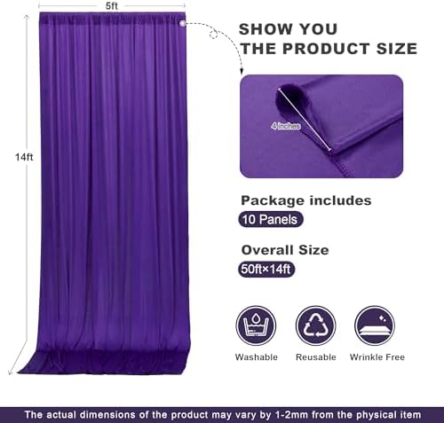 50x14ft Deep Purple Backdrop Curtains for Wedding Party, 10 Panels 14 ft Long Back Drop Cloth, Wrinkle-Free Polyester Drapes for Birthday, Baby Shower, Stage Photography Background - Image 6