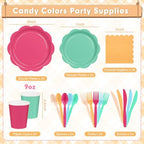 350 Pcs Colorful Party Plates and Napkins Party Supplies Serves 50 Guests Include Candy Colors Scalloped Plate Napkin Cup & Cutlery for Baby Shower, Wedding, Birthday, Bridal Shower - Image 2