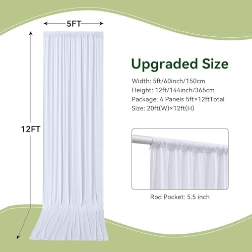 20ft×12ft Wrinkle Free White Backdrop Curtain for Wedding Parties,4 Panels 5×12ft Long Silky Polyester Fabric Backdrop Drapes Photo Back Drop Drapery for Birthday Baby Shower Photography Background - Image 4