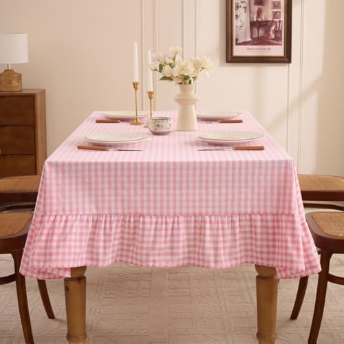 Romanstile Gingham Ruffled Tablecloth Rectangle, 60 x 102 Inch, Pink - Image 2