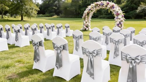 Satin Chair Sashes Bows 50 Pack Universal Polyester Chair Ribbons for Wedding Anniversary Retirement Party Birthday Engagement Banquet Graduation Outdoor Events Decor (Silver, 50 pcs) - Image 5